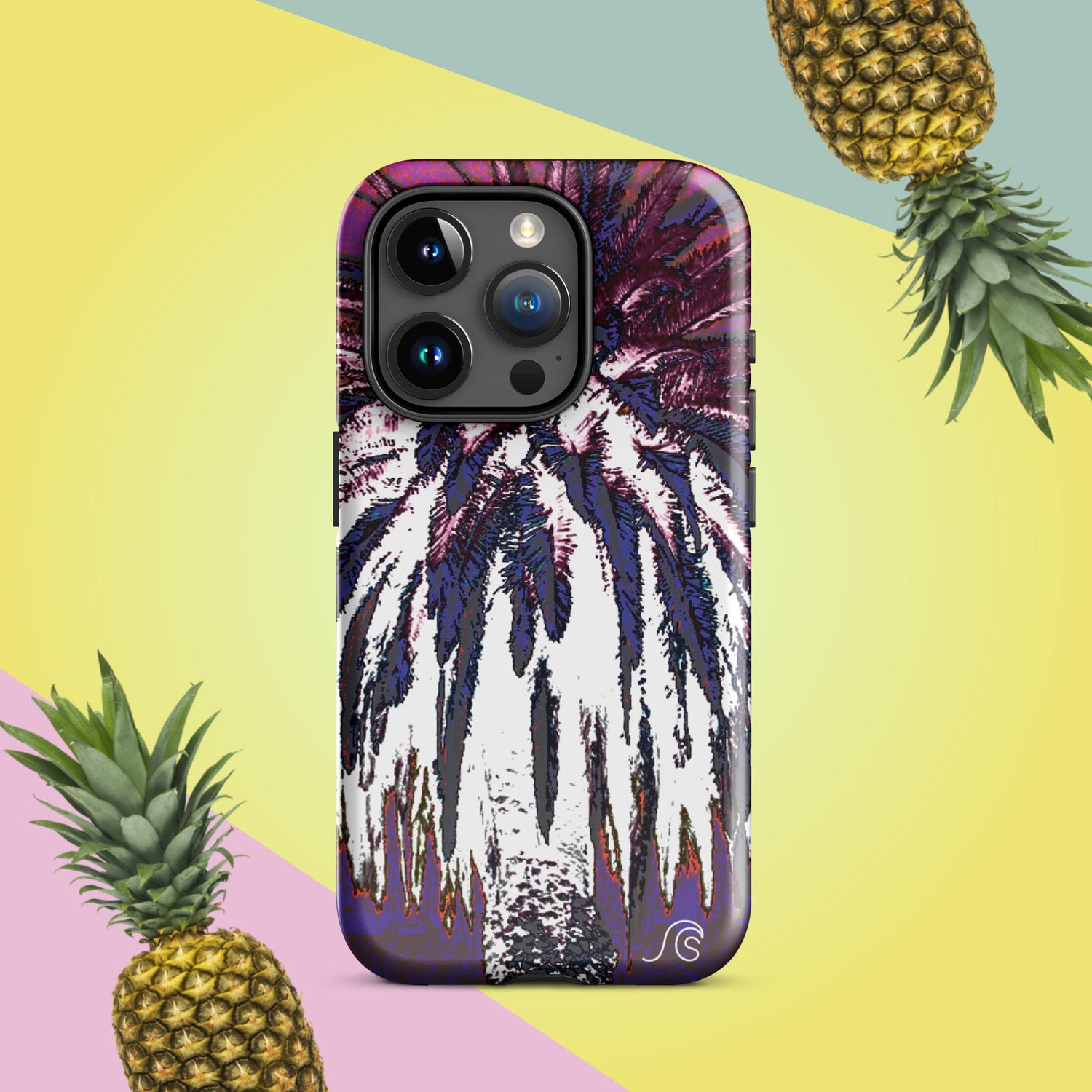 picture of an iphone 15 in a case with a retro palm tree design on it that's purple, pink, white with a hint of black in the leaves. 