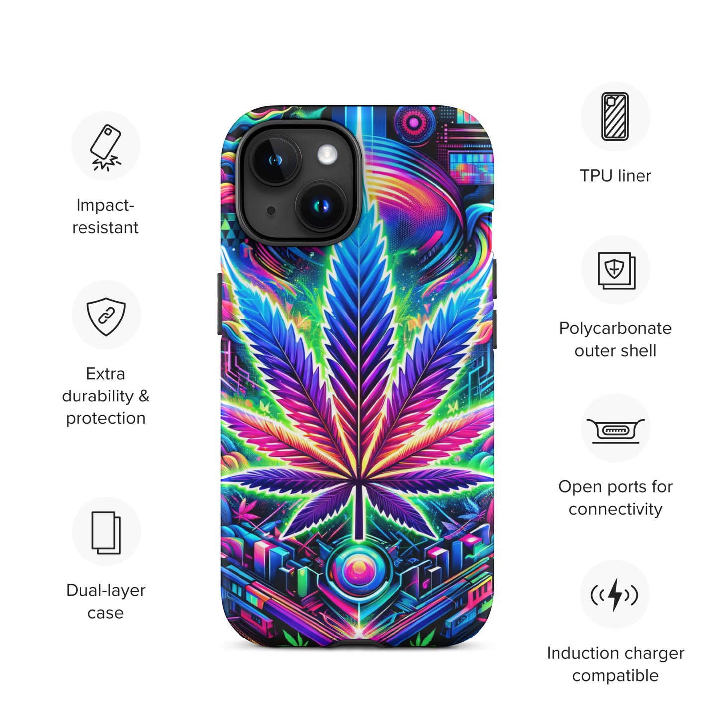 Cyberpunk Cannabis Leaf Tough Case for iPhone® - Black