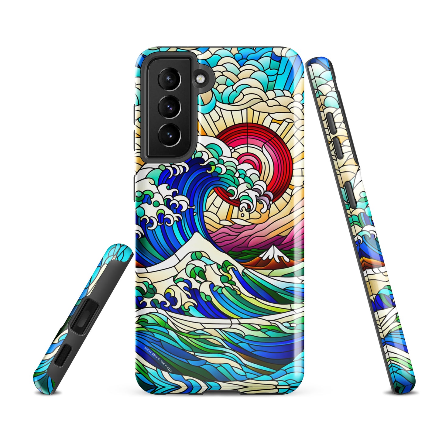 The Great Wave off Kanagawa Stained Glass Style Tsunami Tough Case for Samsung® Galaxy S24 S23 S22 S21 S20 E FE Plus Ultra