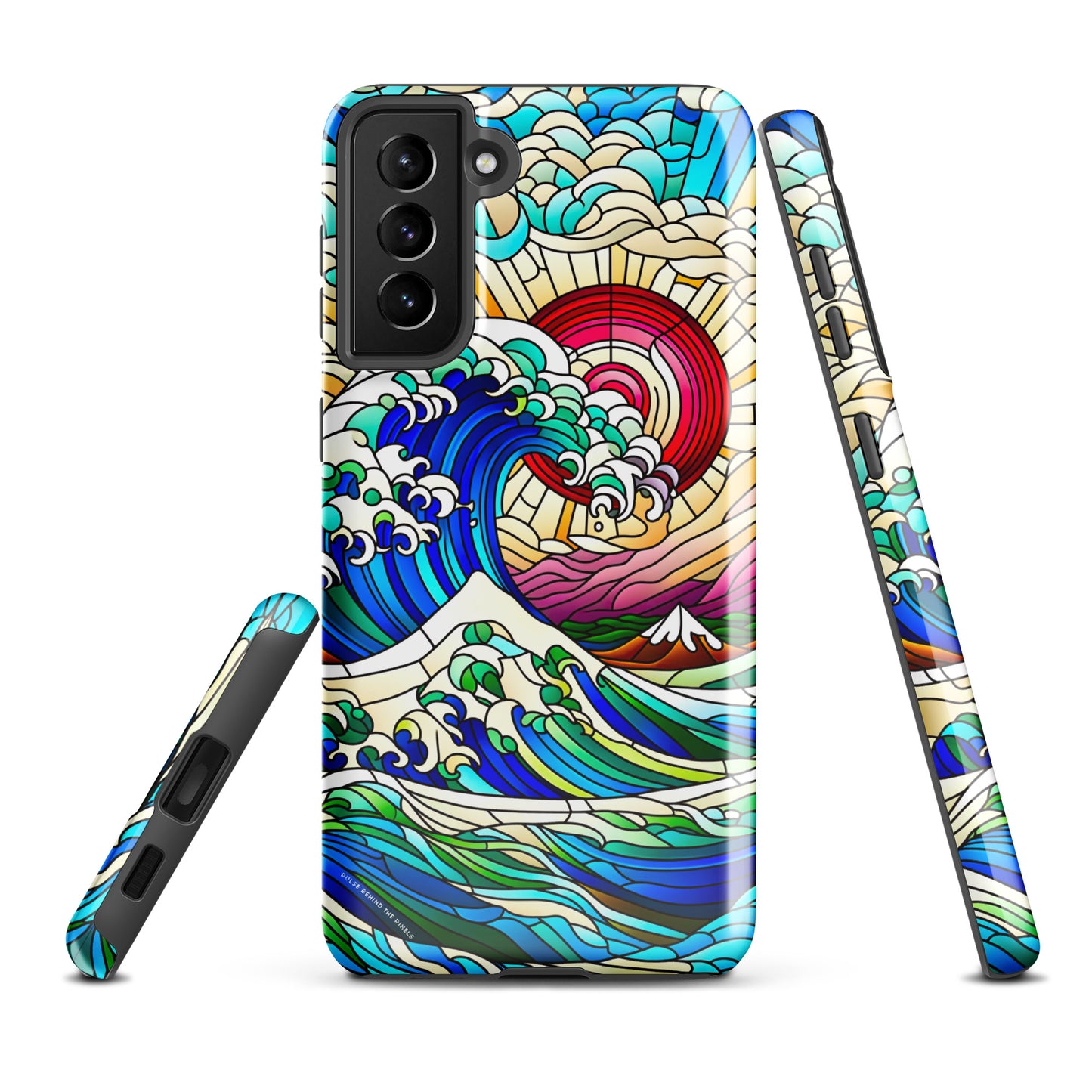 The Great Wave off Kanagawa Stained Glass Style Tsunami Tough Case for Samsung® Galaxy S24 S23 S22 S21 S20 E FE Plus Ultra