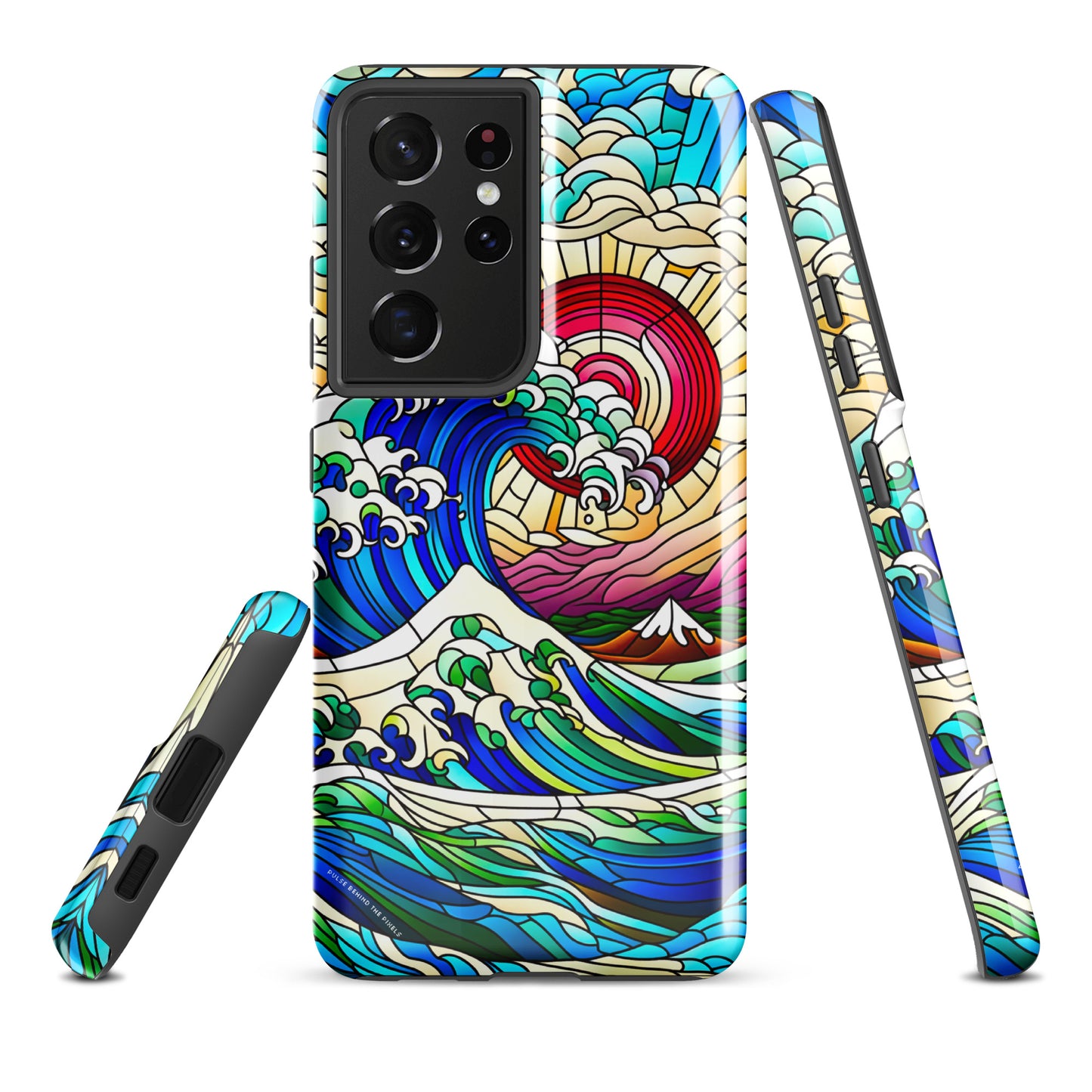 The Great Wave off Kanagawa Stained Glass Style Tsunami Tough Case for Samsung® Galaxy S24 S23 S22 S21 S20 E FE Plus Ultra