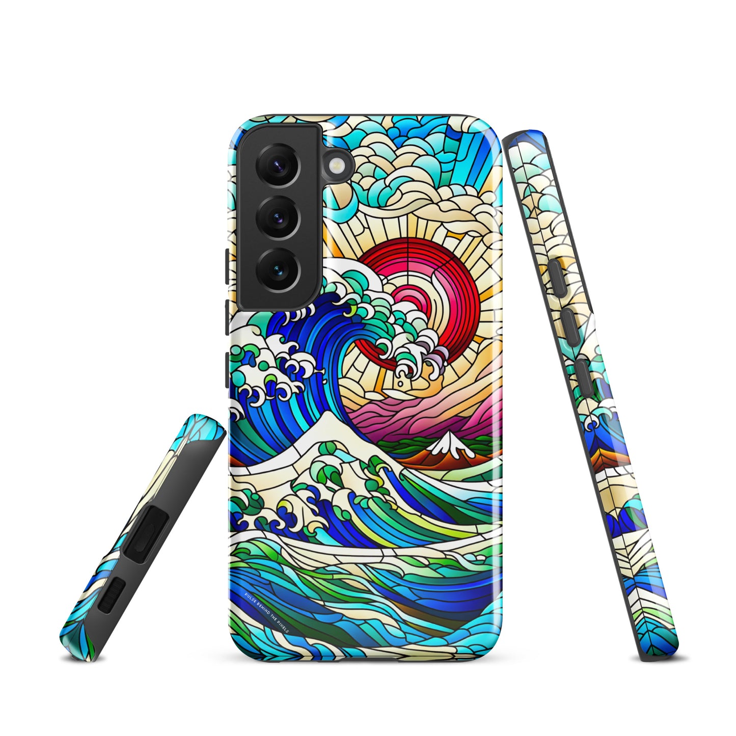 The Great Wave off Kanagawa Stained Glass Style Tsunami Tough Case for Samsung® Galaxy S24 S23 S22 S21 S20 E FE Plus Ultra