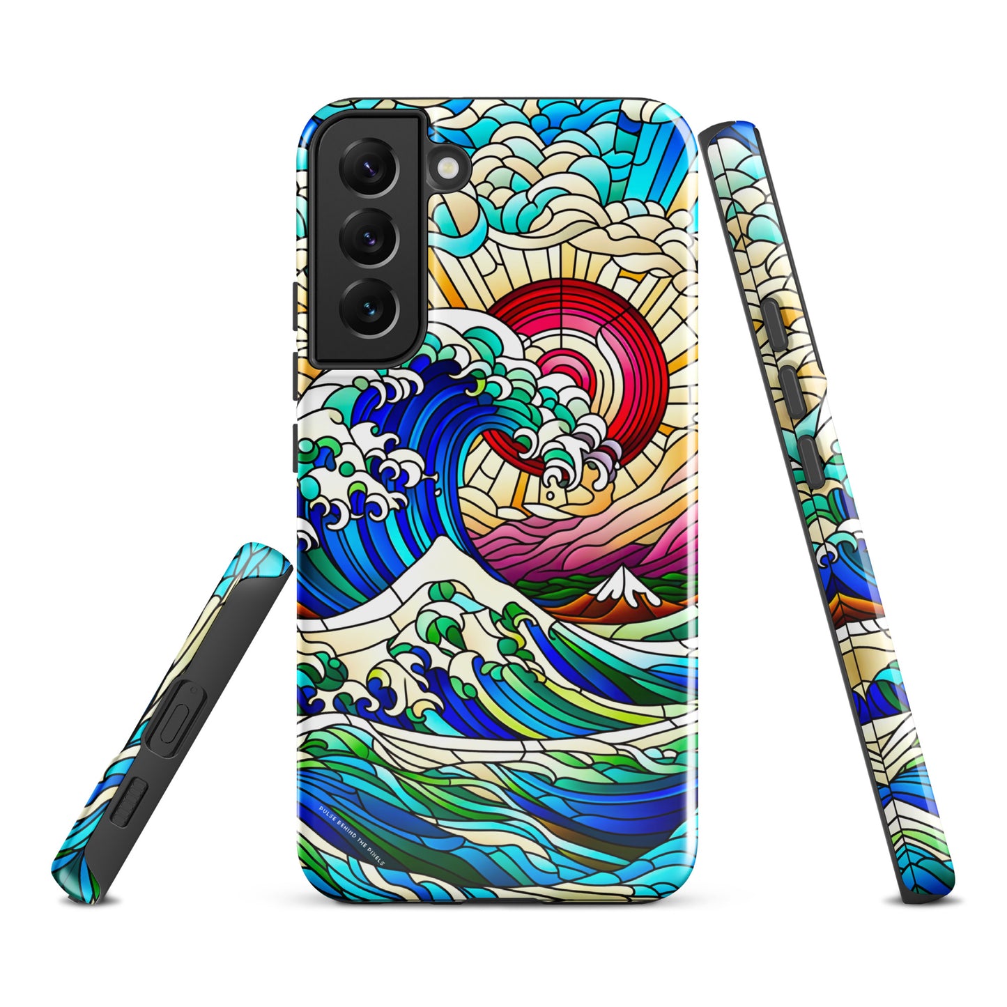 The Great Wave off Kanagawa Stained Glass Style Tsunami Tough Case for Samsung® Galaxy S24 S23 S22 S21 S20 E FE Plus Ultra