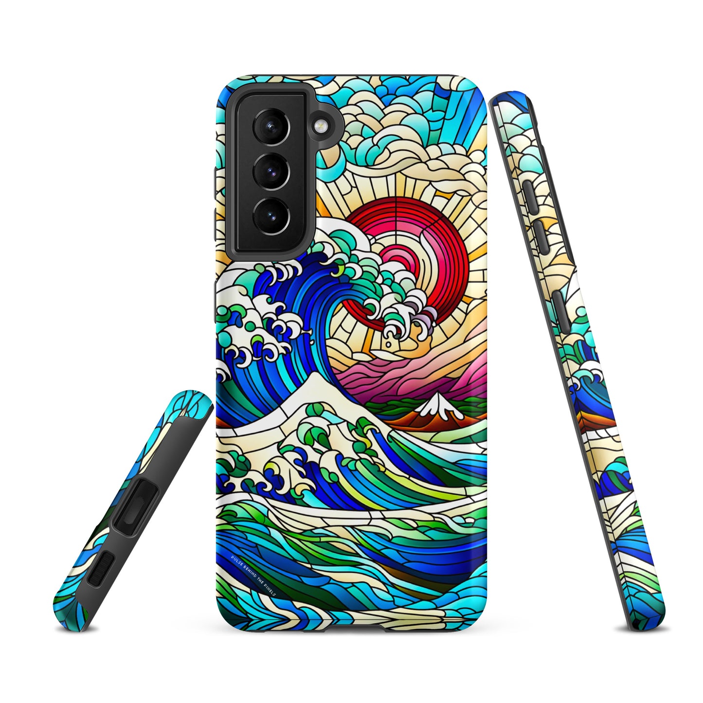 The Great Wave off Kanagawa Stained Glass Style Tsunami Tough Case for Samsung® Galaxy S24 S23 S22 S21 S20 E FE Plus Ultra