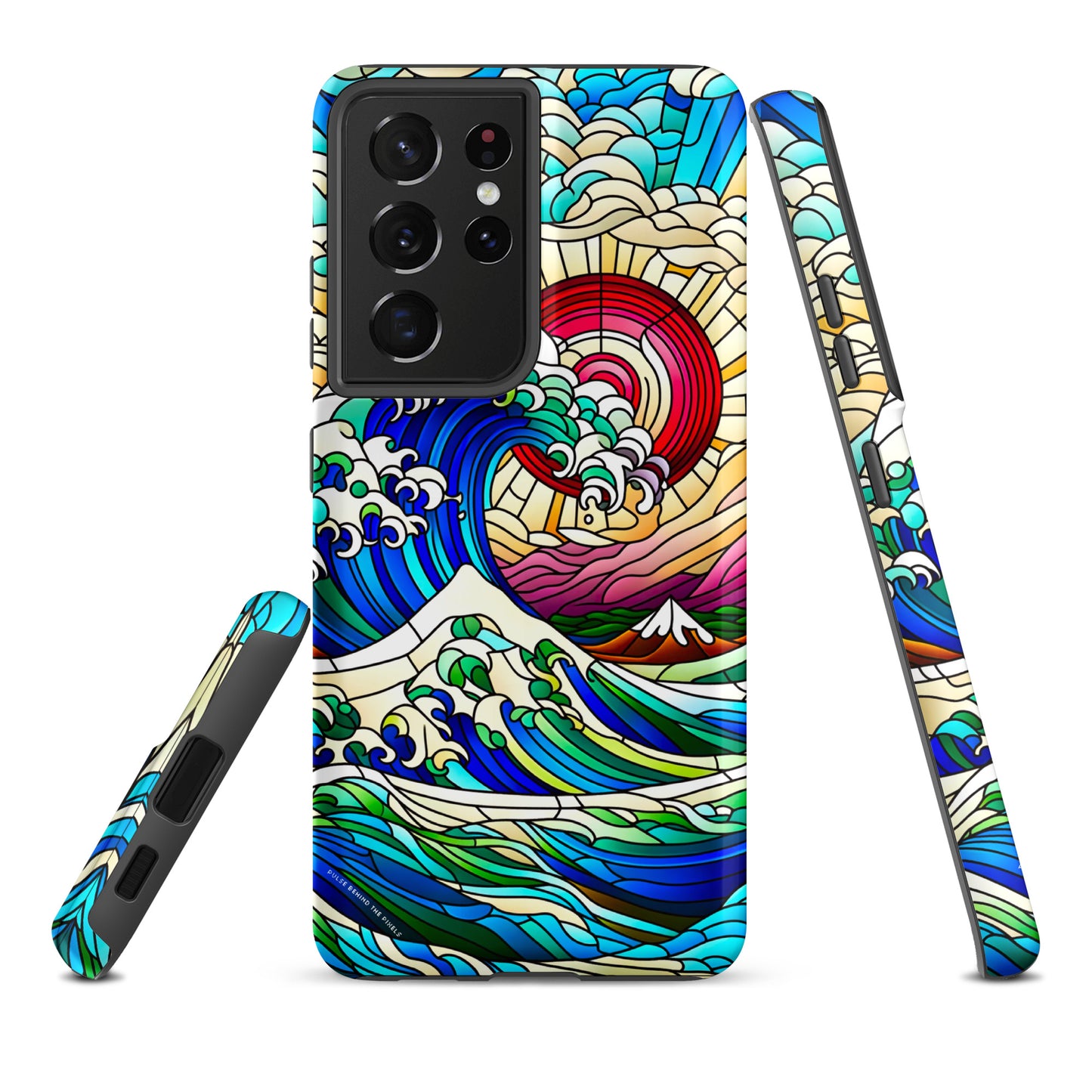 The Great Wave off Kanagawa Stained Glass Style Tsunami Tough Case for Samsung® Galaxy S24 S23 S22 S21 S20 E FE Plus Ultra